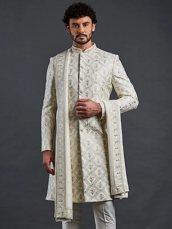 Wedding style cream raw silk sherwani with fine embroidery