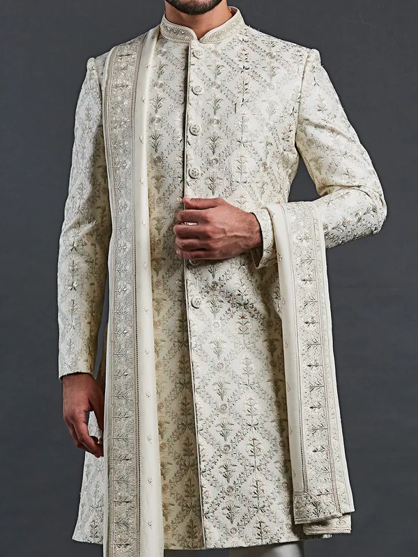 Wedding style cream raw silk sherwani with fine embroidery