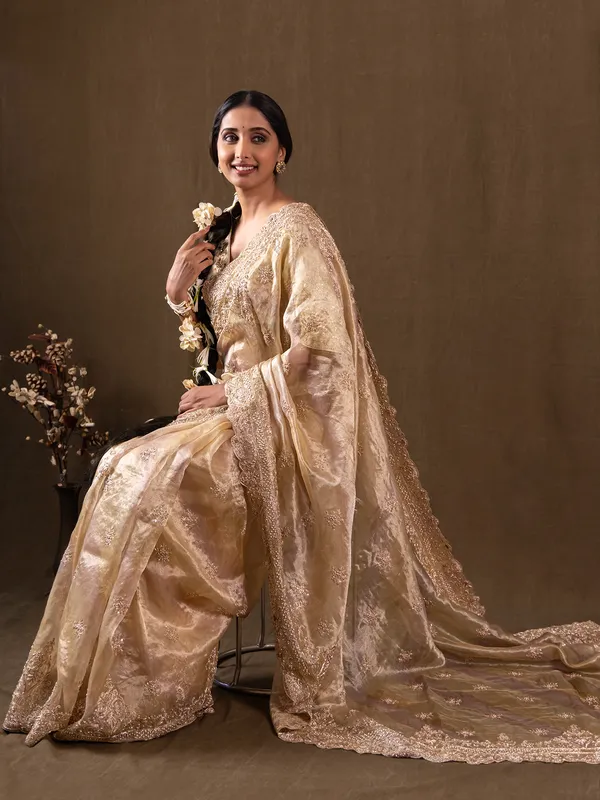 Wedding style golden tissue silk saree