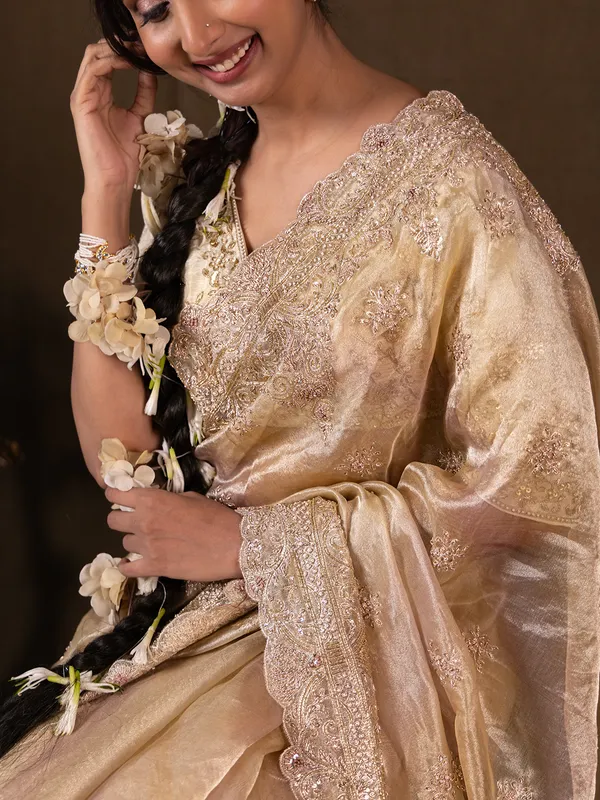 Wedding style golden tissue silk saree