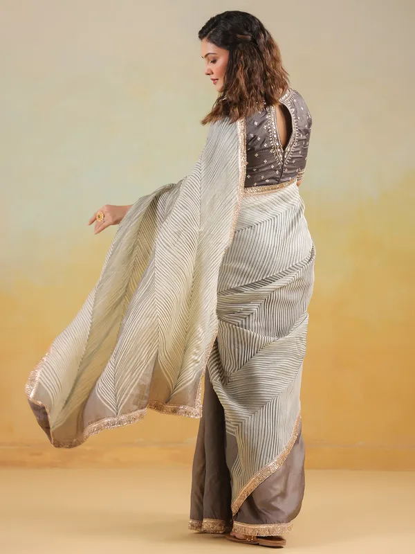 Wedding style grey printed tusser silk saree