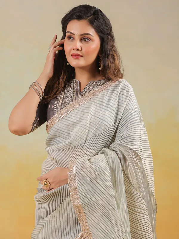 Wedding style grey printed tusser silk saree