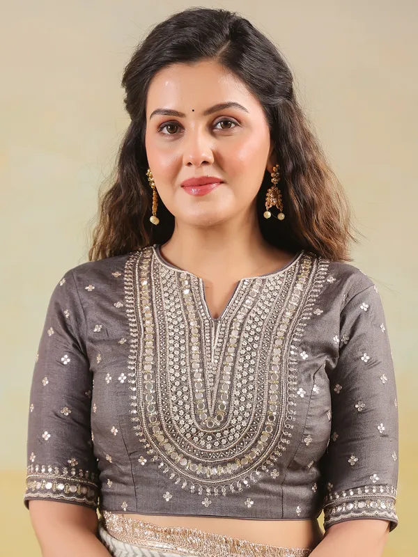 Wedding style grey printed tusser silk saree