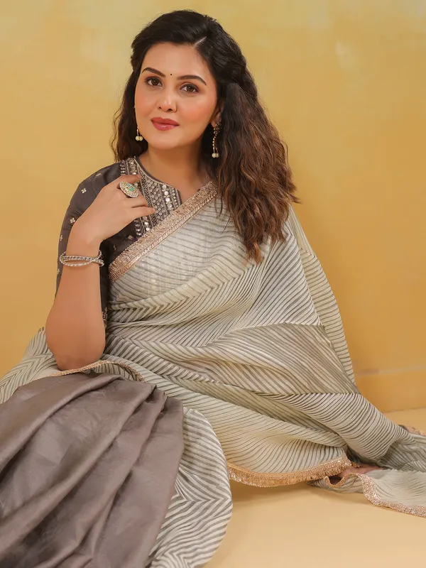 Wedding style grey printed tusser silk saree