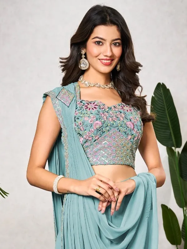 Wedding style light blue ready to wear saree