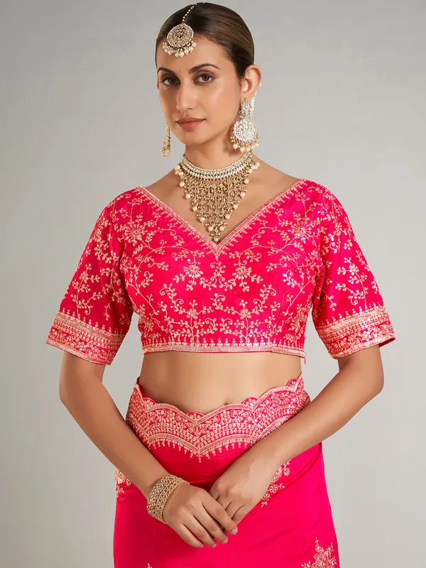 Wedding style magenta silk saree for