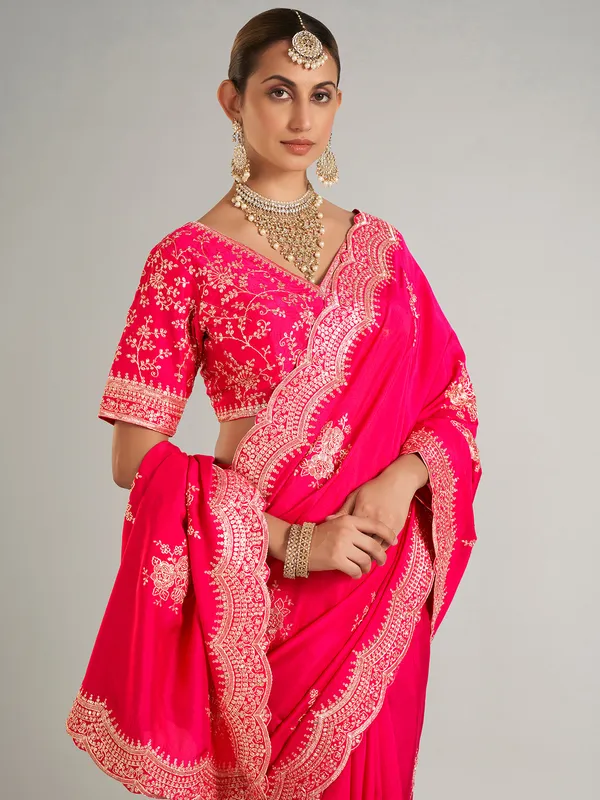 Wedding style magenta silk saree for