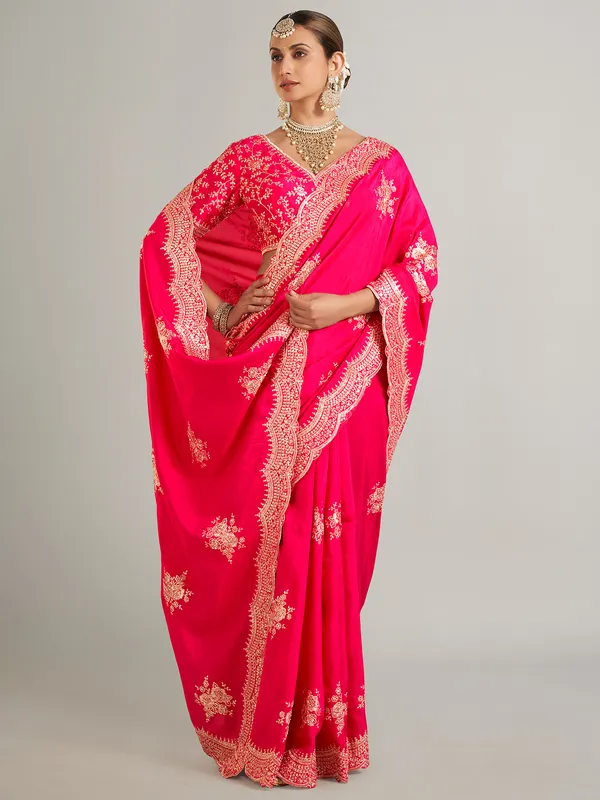 Wedding style magenta silk saree for