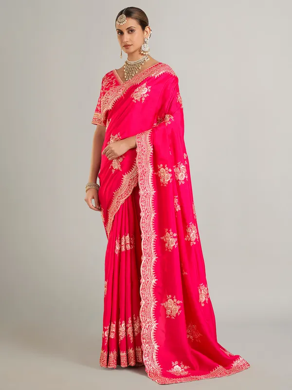 Wedding style magenta silk saree for