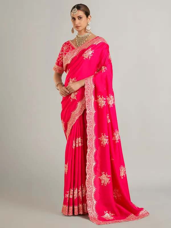 Wedding style magenta silk saree for
