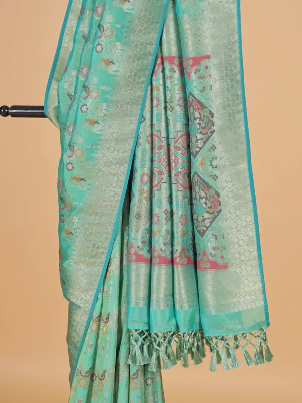Wedding style mint green banarasi silk saree