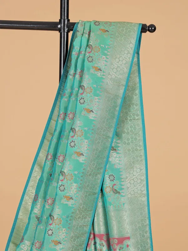 Wedding style mint green banarasi silk saree