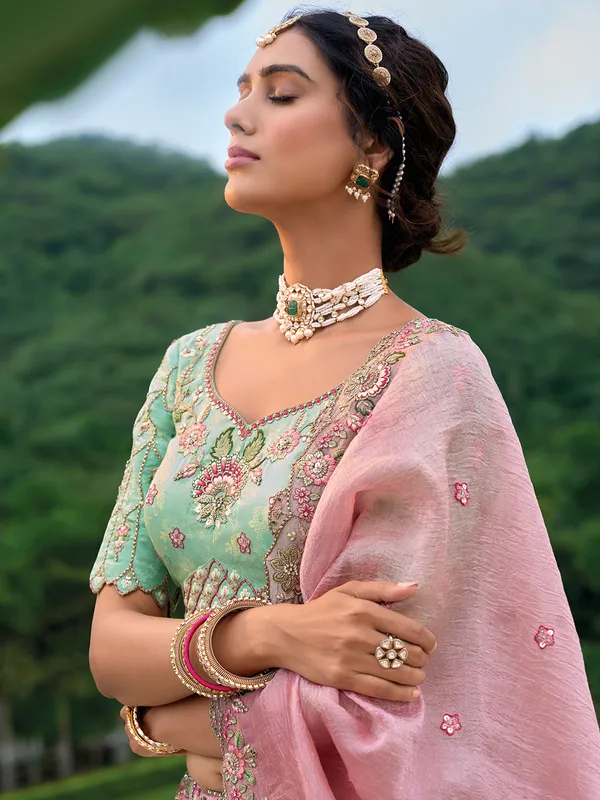 Wedding style onion pink silk lehenga choli