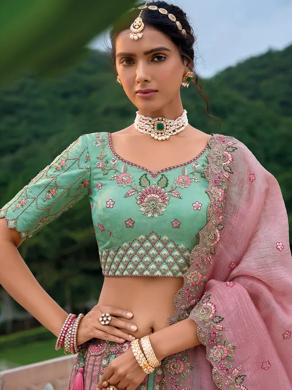Wedding style onion pink silk lehenga choli