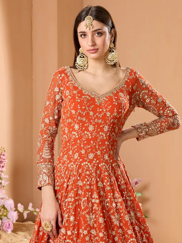 Wedding style orange georgette anarkali suit