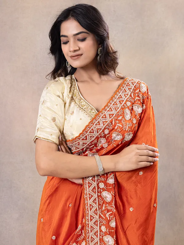 Wedding style orange silk saree