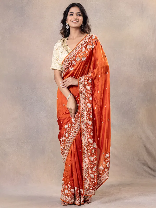 Wedding style orange silk saree