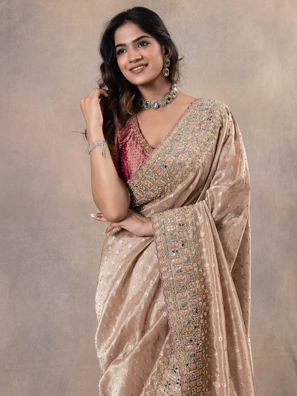 Wedding style peach silk zari weaving saree