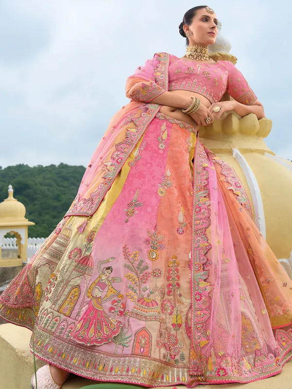 Wedding style pink silk unstitched lehenga choli