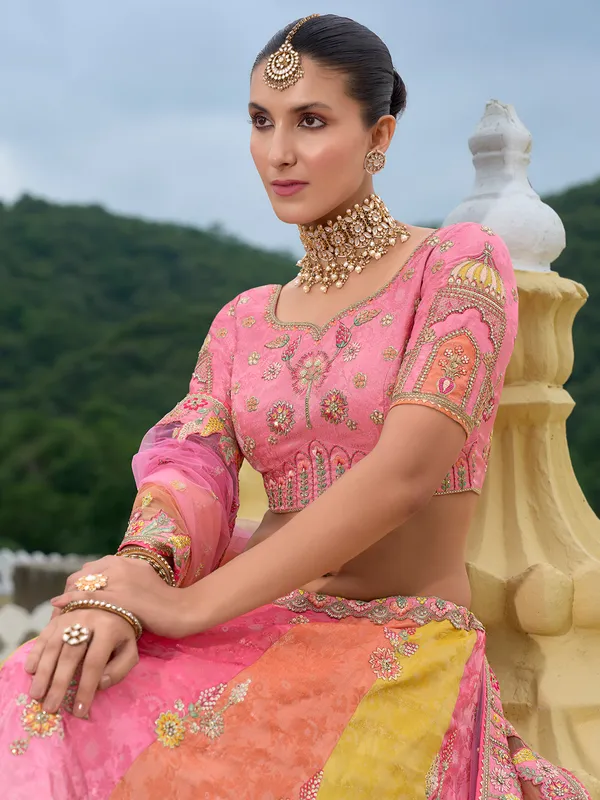 Wedding style pink silk unstitched lehenga choli