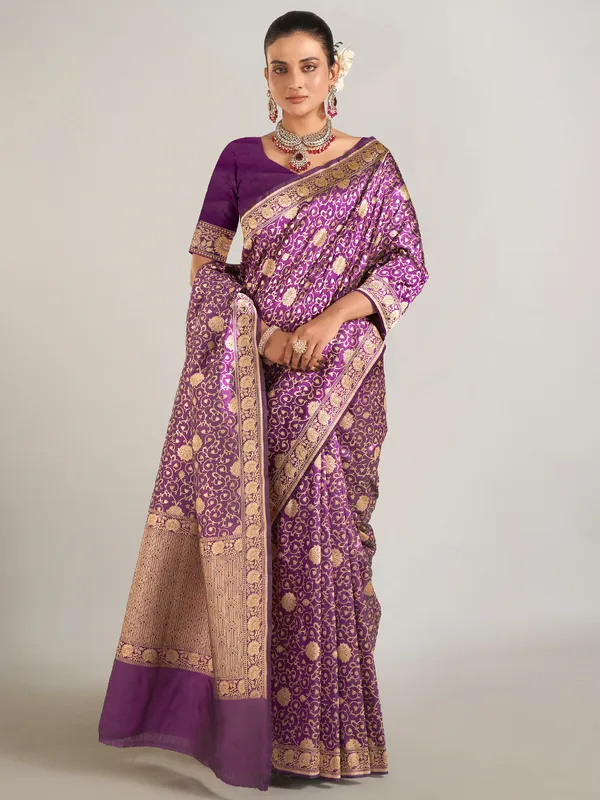 Wedding style purple banarasi silk saree