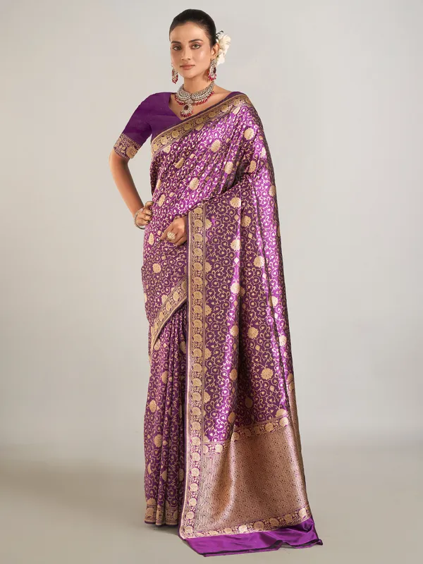 Wedding style purple banarasi silk saree