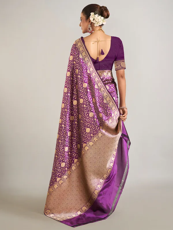 Wedding style purple banarasi silk saree