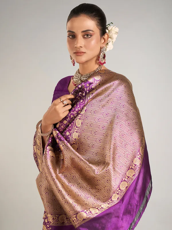 Wedding style purple banarasi silk saree