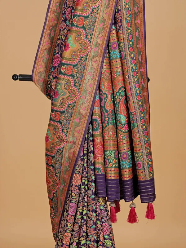 Wedding style purple printed silk saree