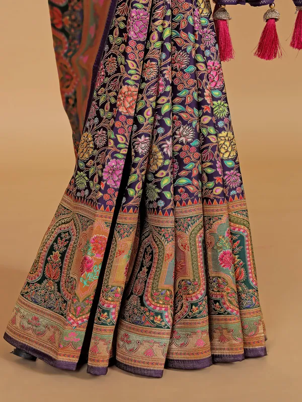 Wedding style purple printed silk saree