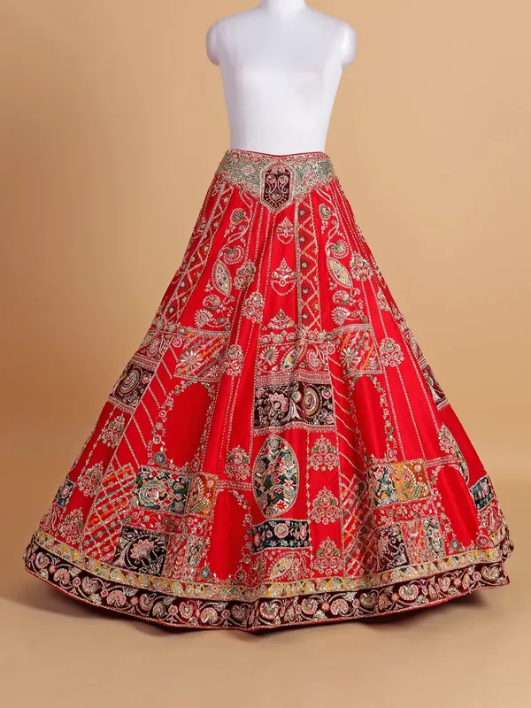 Wedding style red silk unstitched lehenga choli