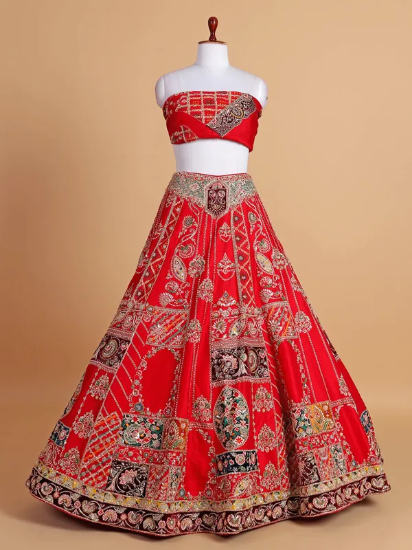 Wedding style red silk unstitched lehenga choli