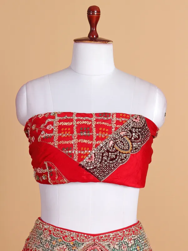 Wedding style red silk unstitched lehenga choli