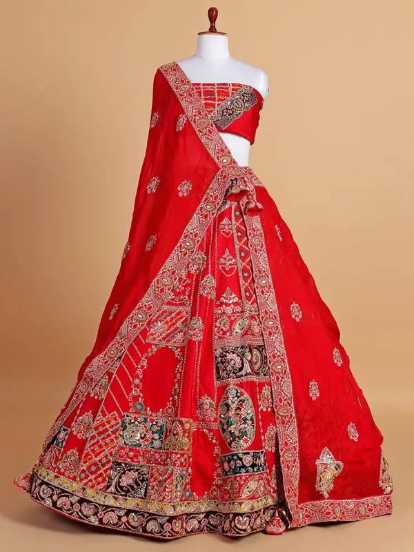Wedding style red silk unstitched lehenga choli