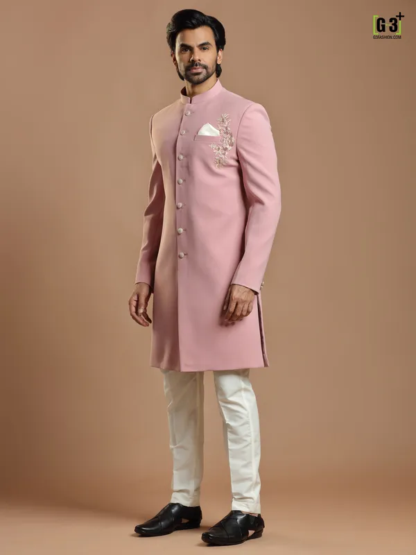 Wedding wear baby pink hued terry rayon indowestern for mens