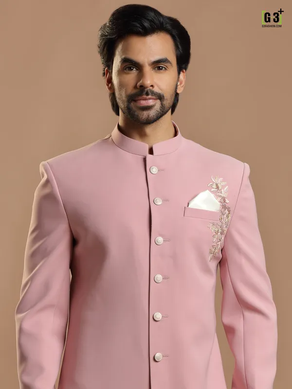 Wedding wear baby pink hued terry rayon indowestern for mens