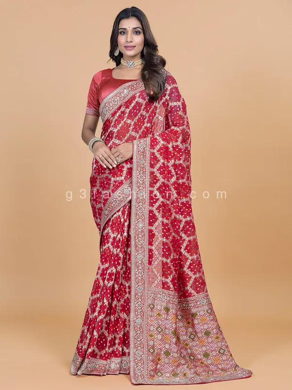 Wedding wear bandhej printed red georgette saree