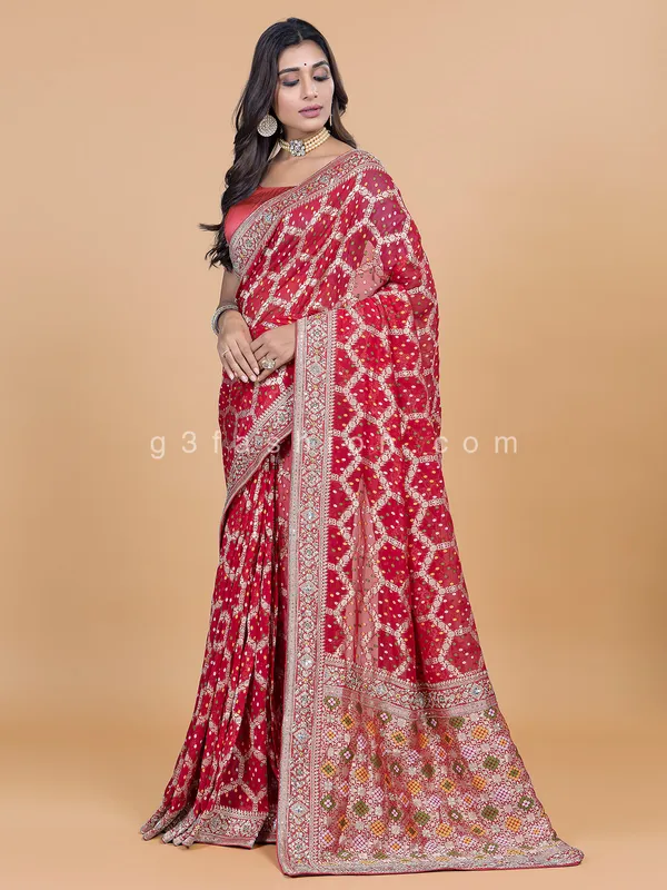 Wedding wear bandhej printed red georgette saree