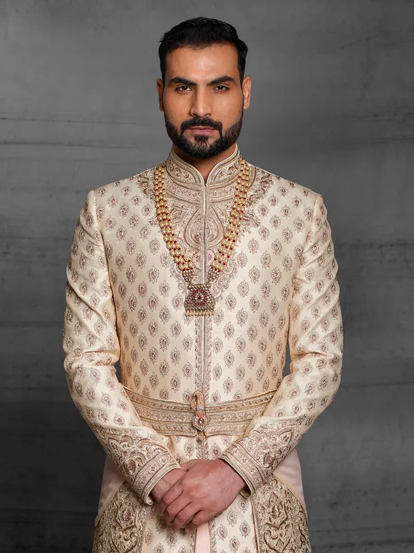 Wedding wear beige hue sherwani in silk fabric