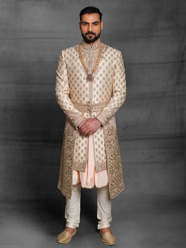 Wedding wear beige hue sherwani in silk fabric