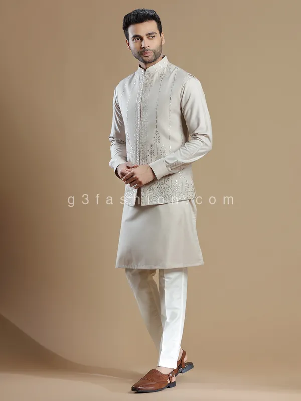 Wedding wear beige silk waistcoat set