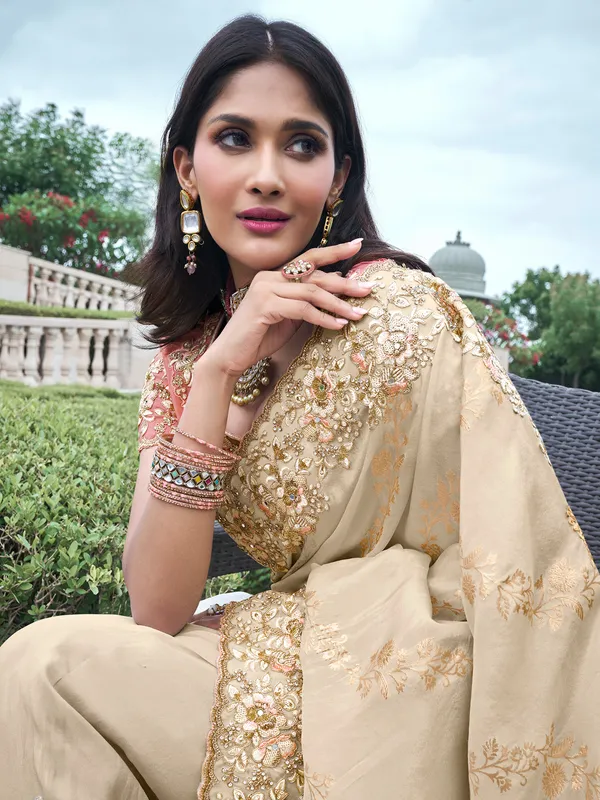 Wedding wear beige tissue silk saree