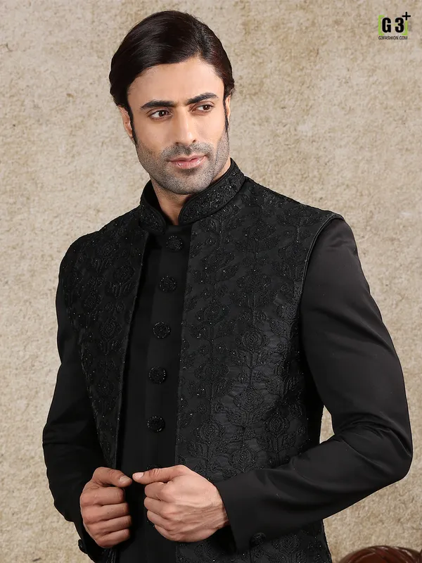 Wedding wear black silk mens indo western