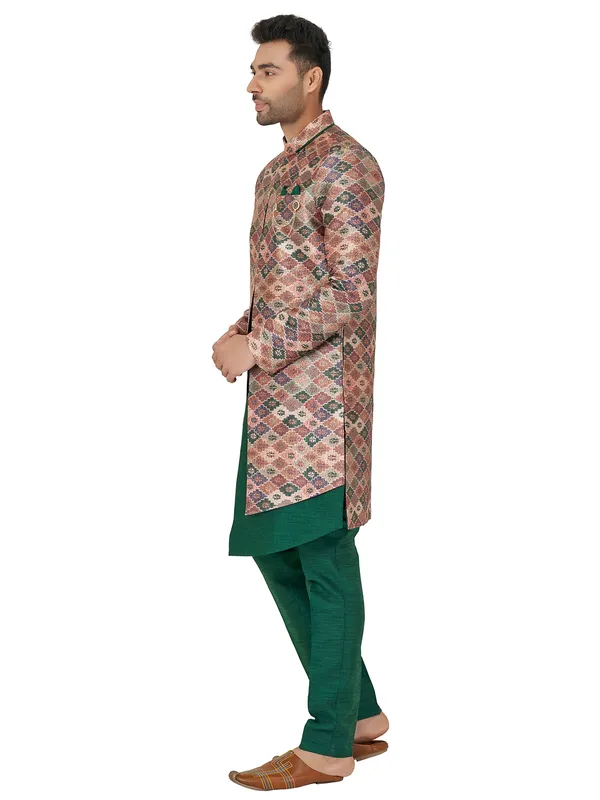 Wedding wear bottle green silk indowestern