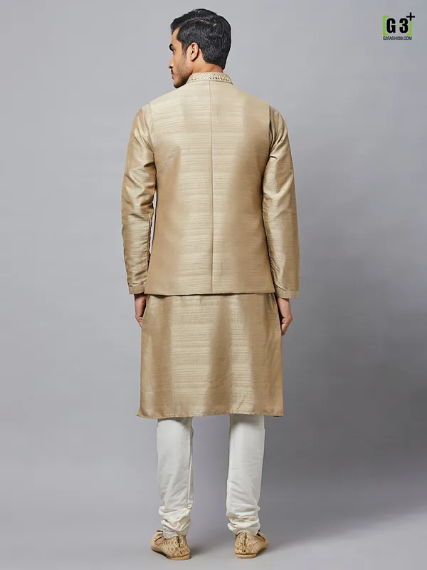 Wedding wear beige waistcoat set with thread work details
