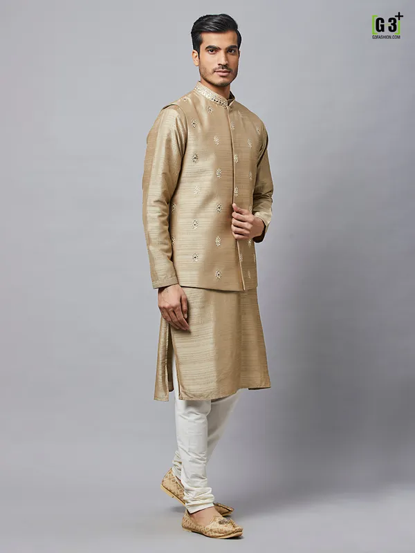 Wedding wear beige waistcoat set with thread work details