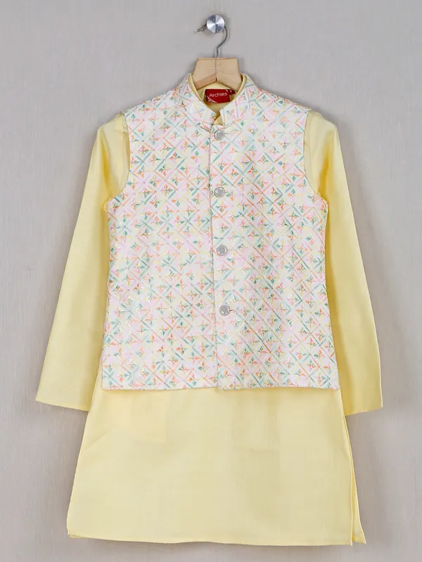 Wedding wear cream and yellow silk waistcoat set