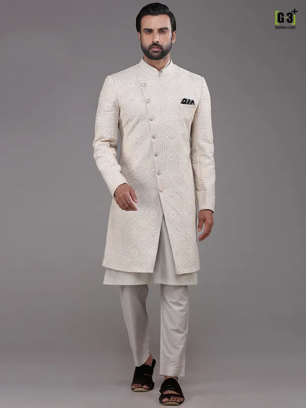 Wedding wear cream mens indo western with kurta