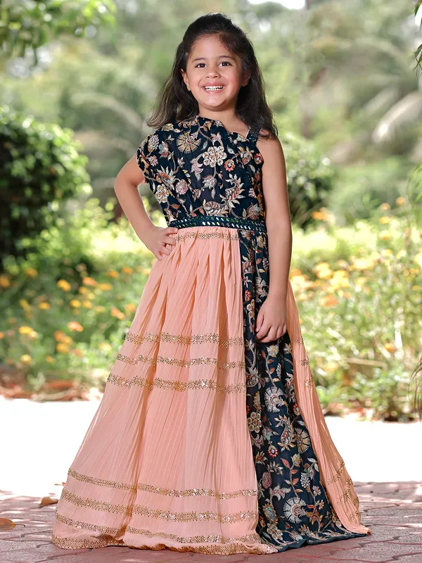 Wedding wear georgette gown in peach and rama blue