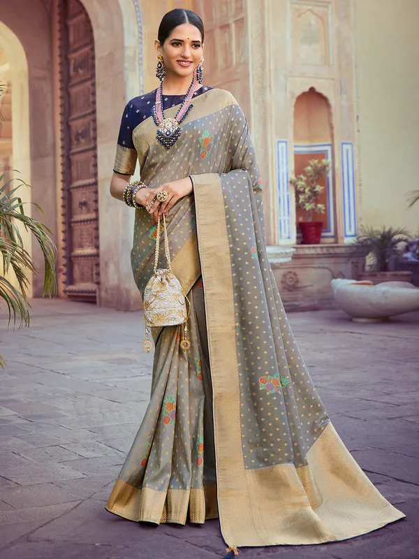 Wedding wear grey silk sari